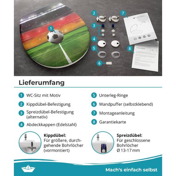 Calmwaters® WC Sitz WM-Special mit Absenkautomatik, Motiv: Halbzeitpause, antibakterielles Duroplast, leichte Montage, 2 Befestigungen, Toilettendeckel bis 250 kg, Made in EU, Klobrille abnehmbar