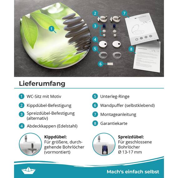 Calmwaters® WC Sitz Motiv Wellness Oase einfache Montage, Toilettendeckel bis 250 kg, Made in EU, antibakterieller Duroplast, Absenkautomatik, 2 Montage Optionen, abnehmbar, Klobrille, oval