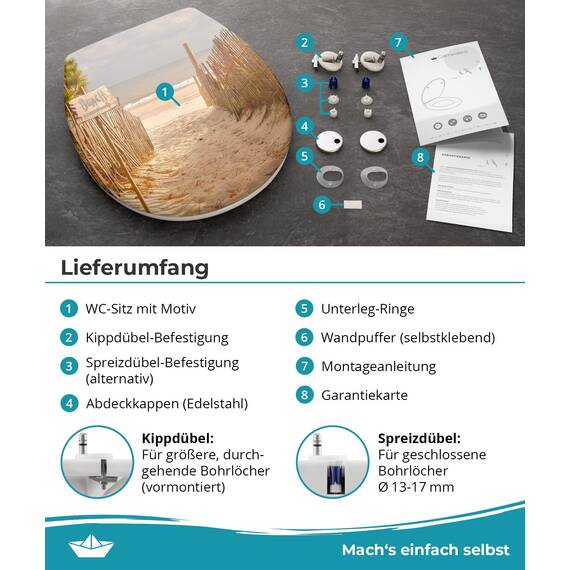 Calmwaters® WC Sitz Motiv Sandstrand einfache Montage, Toilettendeckel bis 250 kg, Made in EU, antibakterieller Duroplast, Absenkautomatik, 2 Montage Optionen, abnehmbar, Klobrille, oval