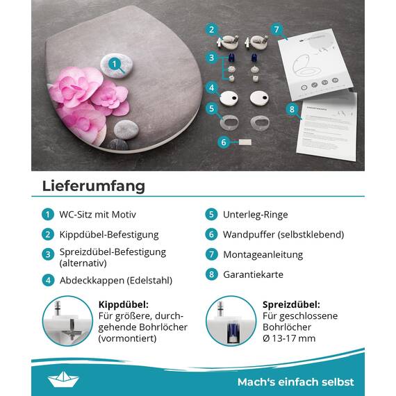 Calmwaters® WC Sitz Motiv Wellness Orchidee einfache Montage, Toilettendeckel bis 250 kg, Made in EU, antibakterieller Duroplast, Absenkautomatik, 2 Montage Optionen, abnehmbar, Klobrille, oval