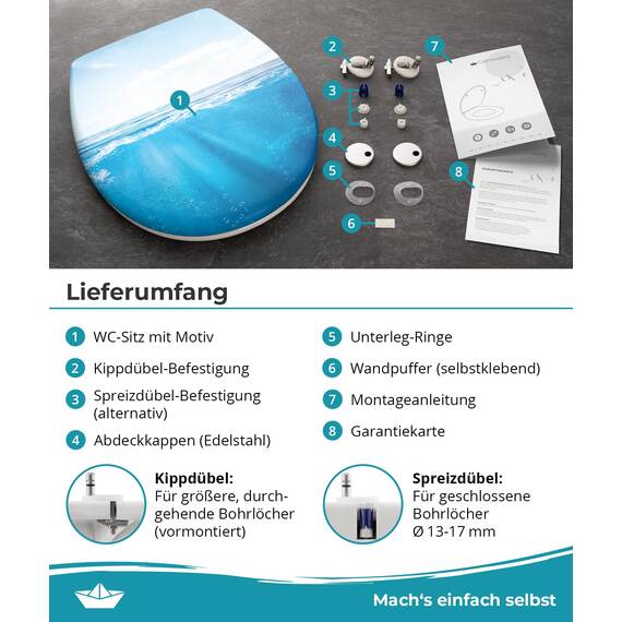 Calmwaters® WC Sitz Motiv Meeresglanz einfache Montage, Toilettendeckel bis 250 kg, Made in EU, antibakterieller Duroplast, Absenkautomatik, 2 Montage Optionen, abnehmbar, Klobrille, oval