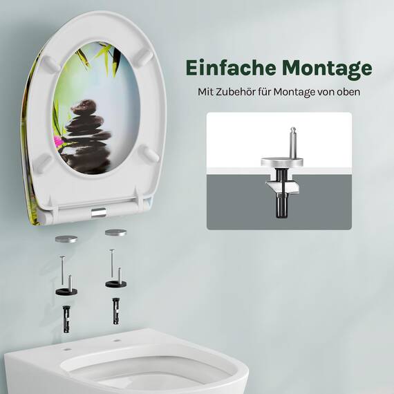 WOLTU Toilettendeckel, WC Sitz mit Absenkautomatik, Klodeckel Klobrille mit Quick-Release-Funktion, O-Form Toilettensitz mit Motiv, Montage von oben unten, 175 kg belastbar der Klobrille