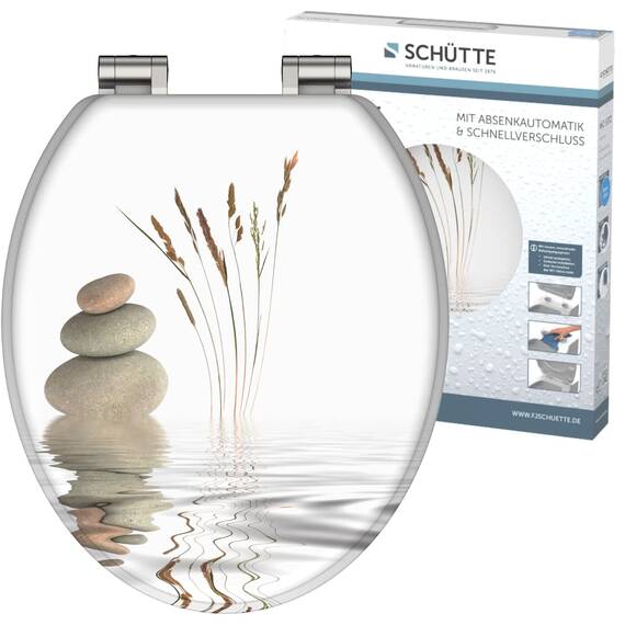 SCHÜTTE WC Sitz Holzkern BALANCE, Toilettensitz mit Absenkautomatik, passend für viele handelsübliche WC-Becken, max. Belastung der Klobrille 150 kg, Motiv Steine 80121
