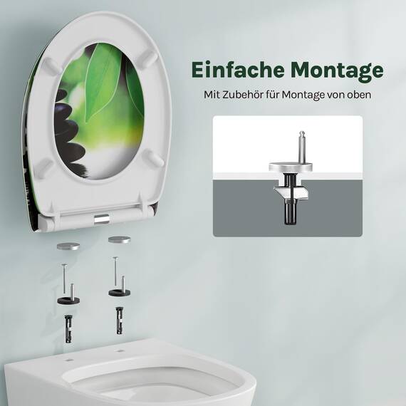 WOLTU Toilettendeckel, WC Sitz mit Absenkautomatik, Klodeckel Klobrille mit Quick-Release-Funktion, O-Form Toilettensitz mit Motiv, Montage von oben unten, 175 kg belastbar der Klobrille