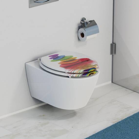 SCHÜTTE WC Sitz Holzkern COLORFUL STONES, Toilettensitz mit Absenkautomatik, passend für viele handelsübliche WC-Becken, max. Belastung der Klobrille 150 kg, Motiv Steine 80120
