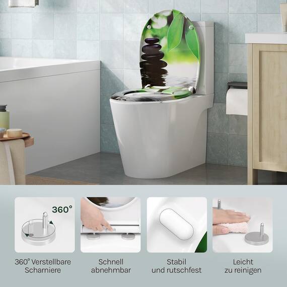 WOLTU Toilettendeckel, WC Sitz mit Absenkautomatik, Klodeckel Klobrille mit Quick-Release-Funktion, O-Form Toilettensitz mit Motiv, Montage von oben unten, 175 kg belastbar der Klobrille