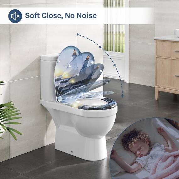 WOLTU Toilettendeckel, WC Sitz mit Absenkautomatik, Klodeckel Quick-Release-Funktion, O-Form-Toilettensitz mit Motiv, Montage oben unten, Duroplast