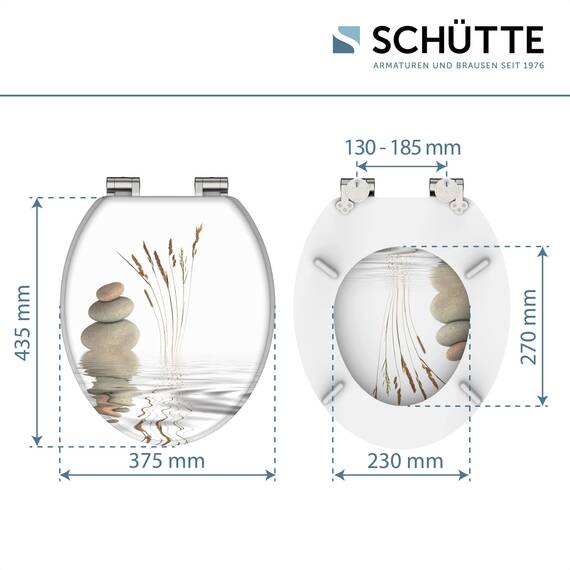 SCHÜTTE WC Sitz Holzkern BALANCE, Toilettensitz mit Absenkautomatik, passend für viele handelsübliche WC-Becken, max. Belastung der Klobrille 150 kg, Motiv Steine 80121