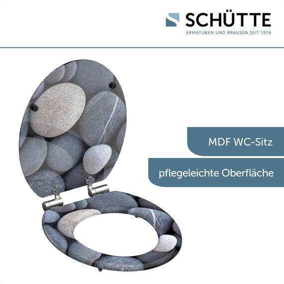SCHÜTTE WC-Sitz Holzkern GREY STONES, Toilettensitz mit Absenkautomatik, passend für viele handelsübliche WC-Becken, maximale Belastung der Klobrille 150 kg, Motiv Steine auf Brille und Deckel 80130