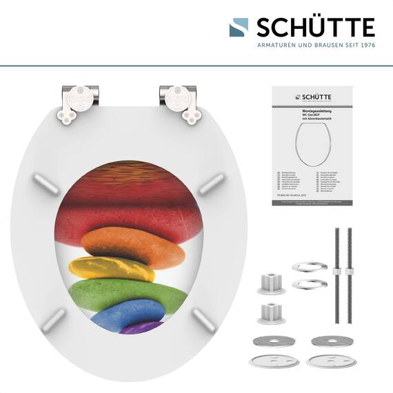 SCHÜTTE WC Sitz Holzkern COLORFUL STONES, Toilettensitz mit Absenkautomatik, passend für viele handelsübliche WC-Becken, max. Belastung der Klobrille 150 kg, Motiv Steine 80120