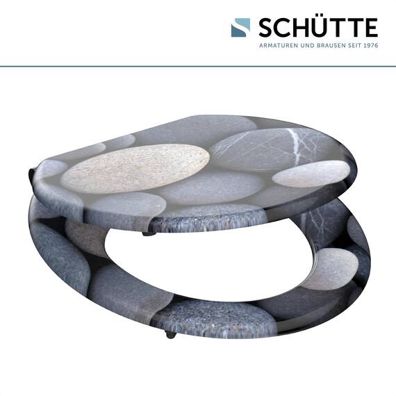 SCHÜTTE WC-Sitz Holzkern GREY STONES, Toilettensitz mit Absenkautomatik, passend für viele handelsübliche WC-Becken, maximale Belastung der Klobrille 150 kg, Motiv Steine auf Brille und Deckel 80130