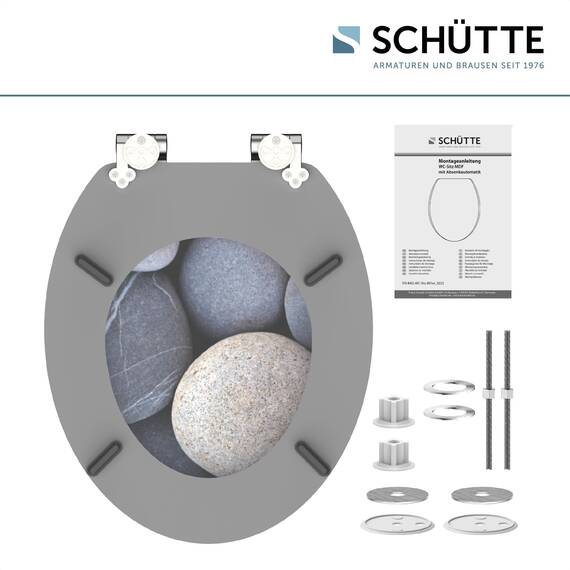 SCHÜTTE WC-Sitz Holzkern GREY STONES, Toilettensitz mit Absenkautomatik, passend für viele handelsübliche WC-Becken, maximale Belastung der Klobrille 150 kg, Motiv Steine auf Brille und Deckel 80130