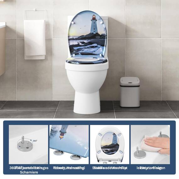 WOLTU Toilettendeckel, WC Sitz mit Absenkautomatik, Klodeckel Quick-Release-Funktion, O-Form-Toilettensitz mit Motiv, Montage oben unten, Duroplast
