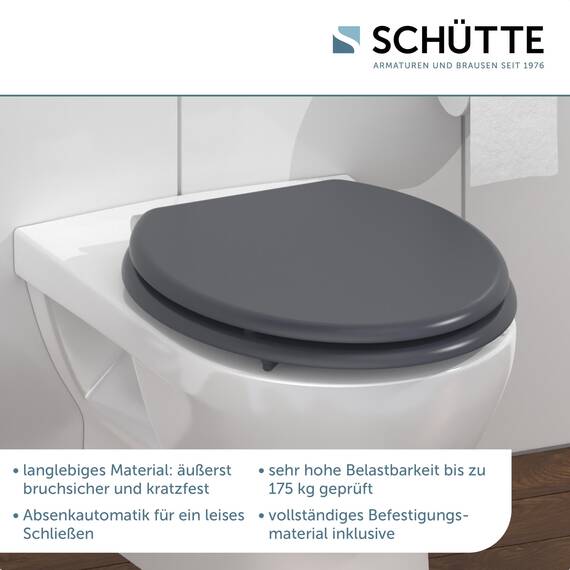 SCHÜTTE WC-Sitz SPIRIT mit Absenkautomatik aus Holz, Toilettendeckel aus MDF, Holzkern Toilettensitz mit Klodeckel, Klobrille -und Deckel belastbar bis 175kg, Anthrazit