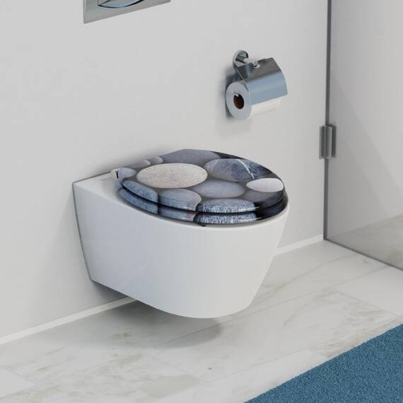 SCHÜTTE WC-Sitz Holzkern GREY STONES, Toilettensitz mit Absenkautomatik, passend für viele handelsübliche WC-Becken, maximale Belastung der Klobrille 150 kg, Motiv Steine auf Brille und Deckel 80130
