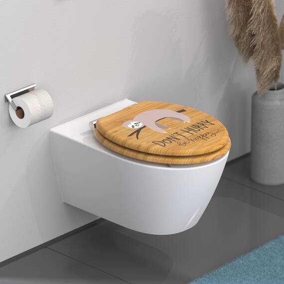 SCHÜTTE WC-Sitz NO HURRY mit Absenkautomatik aus Holz, hochwertiger Toilettendeckel mit 175kg Belastbarkeit, Toilettensitz mit Brille, Klodeckel für WC, MDF Holzkern Klobrille mit Motiv