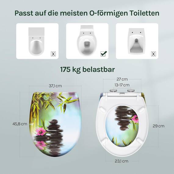 WOLTU Toilettendeckel, WC Sitz mit Absenkautomatik, Klodeckel Klobrille mit Quick-Release-Funktion, O-Form Toilettensitz mit Motiv, Montage von oben unten, 175 kg belastbar der Klobrille