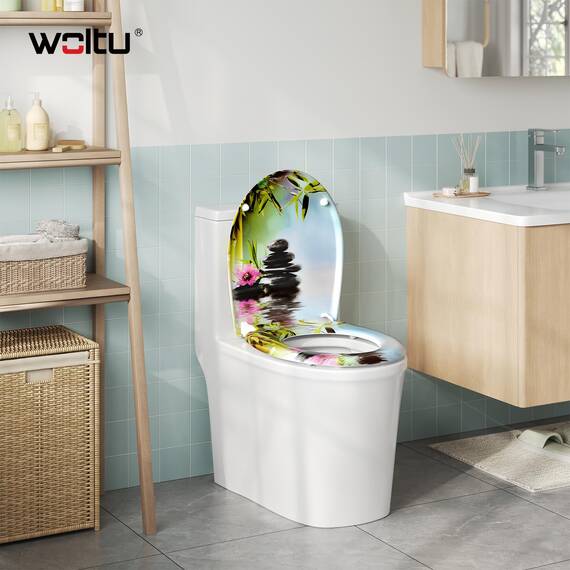 WOLTU Toilettendeckel, WC Sitz mit Absenkautomatik, Klodeckel Klobrille mit Quick-Release-Funktion, O-Form Toilettensitz mit Motiv, Montage von oben unten, 175 kg belastbar der Klobrille