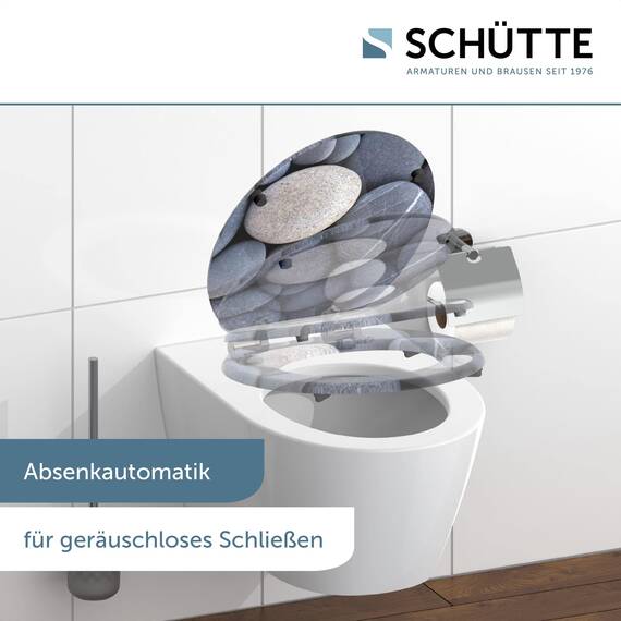 SCHÜTTE WC-Sitz Holzkern GREY STONES, Toilettensitz mit Absenkautomatik, passend für viele handelsübliche WC-Becken, maximale Belastung der Klobrille 150 kg, Motiv Steine auf Brille und Deckel 80130
