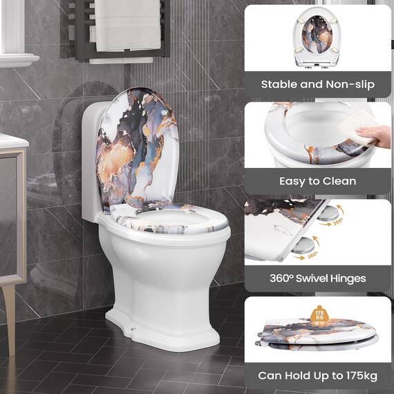 WOLTU Toilettendeckel, WC Sitz mit Absenkautomatik, Klodeckel Klobrille mit Quick-Release-Funktion, O-Form Toilettensitz mit Motiv, Montage von oben unten, 175 kg belastbar