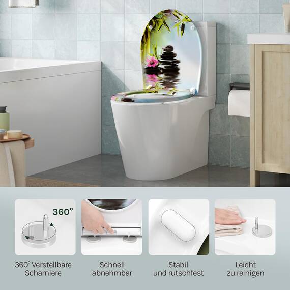 WOLTU Toilettendeckel, WC Sitz mit Absenkautomatik, Klodeckel Klobrille mit Quick-Release-Funktion, O-Form Toilettensitz mit Motiv, Montage von oben unten, 175 kg belastbar der Klobrille