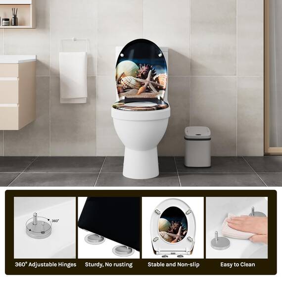 WOLTU Toilettendeckel, WC Sitz mit Absenkautomatik, Klodeckel Quick-Release-Funktion, O-Form-Toilettensitz mit Motiv, Montage oben unten, Duroplast