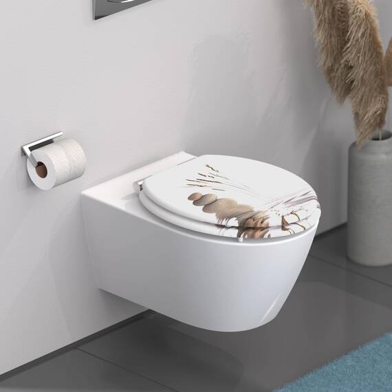SCHÜTTE WC Sitz Holzkern BALANCE, Toilettensitz mit Absenkautomatik, passend für viele handelsübliche WC-Becken, max. Belastung der Klobrille 150 kg, Motiv Steine 80121