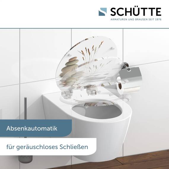 SCHÜTTE WC Sitz Holzkern BALANCE, Toilettensitz mit Absenkautomatik, passend für viele handelsübliche WC-Becken, max. Belastung der Klobrille 150 kg, Motiv Steine 80121