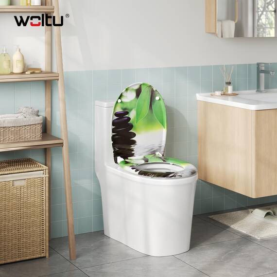 WOLTU Toilettendeckel, WC Sitz mit Absenkautomatik, Klodeckel Klobrille mit Quick-Release-Funktion, O-Form Toilettensitz mit Motiv, Montage von oben unten, 175 kg belastbar der Klobrille
