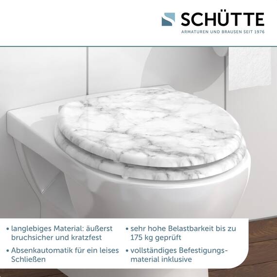 SCHÜTTE WC-Sitz MARMOR mit Absenkautomatik aus Holz, hochwertiger Toilettendeckel mit 175kg Belastbarkeit, Toilettensitz mit Brille, Klodeckel für WC, MDF Holzkern Klobrille mit Motiv