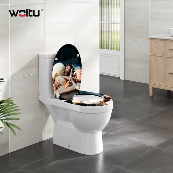 WOLTU Toilettendeckel, WC Sitz mit Absenkautomatik, Klodeckel Quick-Release-Funktion, O-Form-Toilettensitz mit Motiv, Montage oben unten, Duroplast
