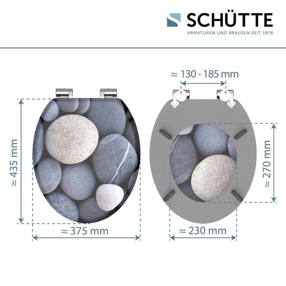 SCHÜTTE WC-Sitz Holzkern GREY STONES, Toilettensitz mit Absenkautomatik, passend für viele handelsübliche WC-Becken, maximale Belastung der Klobrille 150 kg, Motiv Steine auf Brille und Deckel 80130