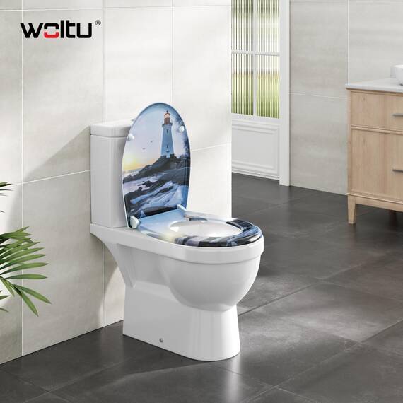 WOLTU Toilettendeckel, WC Sitz mit Absenkautomatik, Klodeckel Quick-Release-Funktion, O-Form-Toilettensitz mit Motiv, Montage oben unten, Duroplast