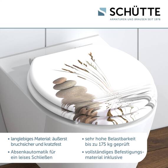 SCHÜTTE WC Sitz Holzkern BALANCE, Toilettensitz mit Absenkautomatik, passend für viele handelsübliche WC-Becken, max. Belastung der Klobrille 150 kg, Motiv Steine 80121
