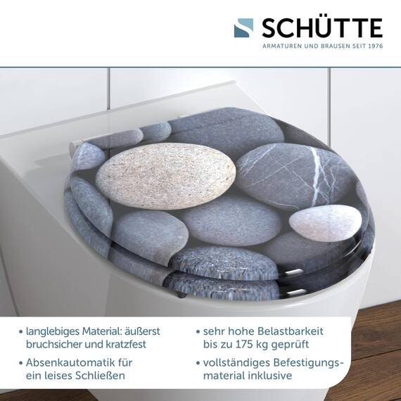 SCHÜTTE WC-Sitz Holzkern GREY STONES, Toilettensitz mit Absenkautomatik, passend für viele handelsübliche WC-Becken, maximale Belastung der Klobrille 150 kg, Motiv Steine auf Brille und Deckel 80130