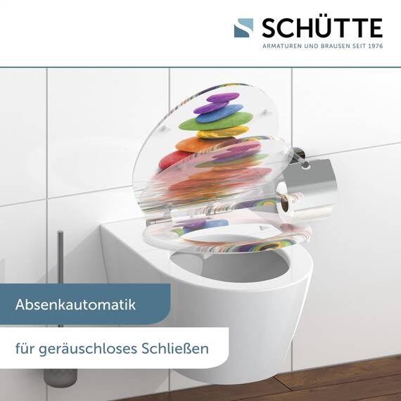 SCHÜTTE WC Sitz Holzkern COLORFUL STONES, Toilettensitz mit Absenkautomatik, passend für viele handelsübliche WC-Becken, max. Belastung der Klobrille 150 kg, Motiv Steine 80120