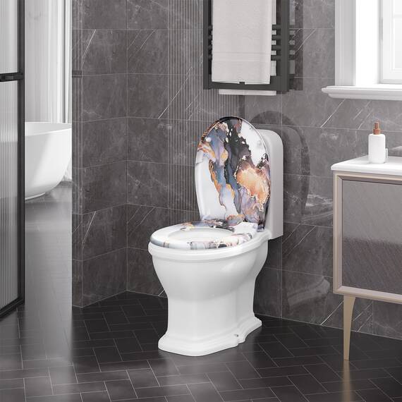 WOLTU Toilettendeckel, WC Sitz mit Absenkautomatik, Klodeckel Klobrille mit Quick-Release-Funktion, O-Form Toilettensitz mit Motiv, Montage von oben unten, 175 kg belastbar