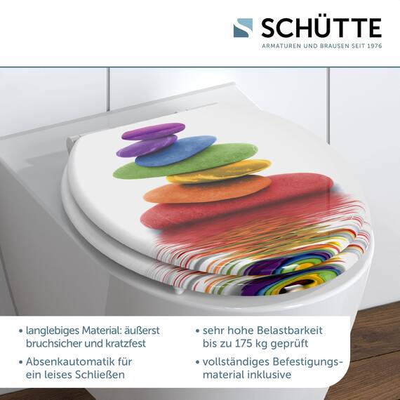 SCHÜTTE WC Sitz Holzkern COLORFUL STONES, Toilettensitz mit Absenkautomatik, passend für viele handelsübliche WC-Becken, max. Belastung der Klobrille 150 kg, Motiv Steine 80120