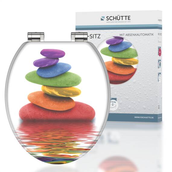 SCHÜTTE WC Sitz Holzkern COLORFUL STONES, Toilettensitz mit Absenkautomatik, passend für viele handelsübliche WC-Becken, max. Belastung der Klobrille 150 kg, Motiv Steine 80120