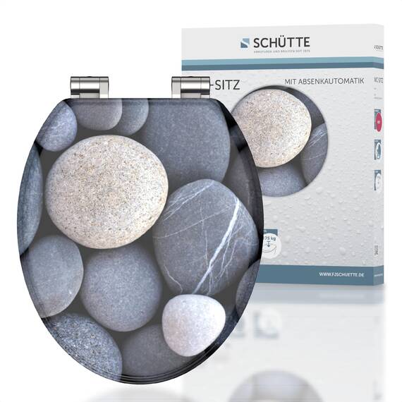 SCHÜTTE WC-Sitz Holzkern GREY STONES, Toilettensitz mit Absenkautomatik, passend für viele handelsübliche WC-Becken, maximale Belastung der Klobrille 150 kg, Motiv Steine auf Brille und Deckel 80130
