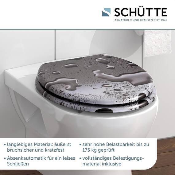 SCHÜTTE WC-Sitz Holzkern GREY STEEL, Toilettensitz Grau mit Absenkautomatik, passend für viele handelsübliche WC-Becken, maximale Belastung der Klobrille 150 kg, Motiv auf Brille und Deckel 80123
