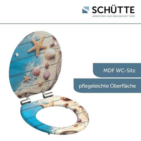 SCHÜTTE WC-Sitz BEACH WOOD mit Absenkautomatik aus Holz | Toilettensitz mit Klodeckel | Holzkern Toilettendeckel mit Motiv (maximale Belastung der Klobrille 175 kg) | Bunt