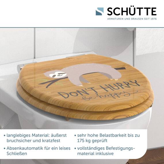 SCHÜTTE WC-Sitz NO HURRY mit Absenkautomatik aus Holz, hochwertiger Toilettendeckel mit 175kg Belastbarkeit, Toilettensitz mit Brille, Klodeckel für WC, MDF Holzkern Klobrille mit Motiv