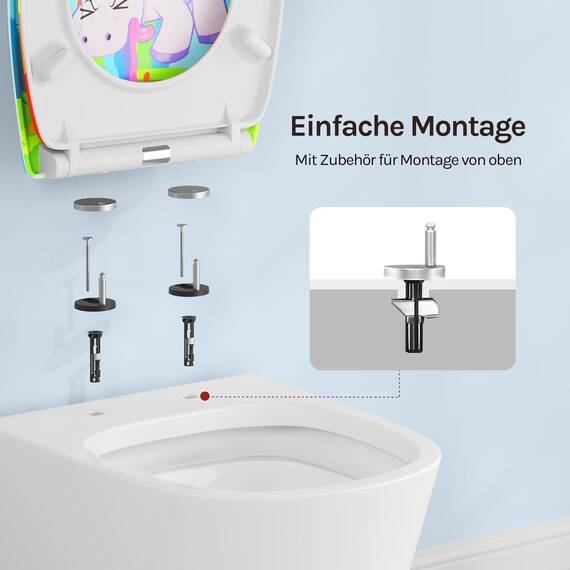 WOLTU Toilettendeckel, WC Sitz mit Absenkautomatik, Klodeckel Klobrille mit Quick-Release-Funktion, O-Form Toilettensitz mit Motiv, Montage von oben unten, 175 kg belastbar der Klobrille