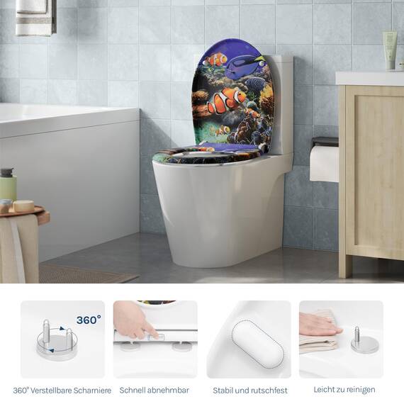 Toilettendeckel, WC Sitz mit Absenkautomatik, Klodeckel mit Schnellverschluss, 360° verstellbaren Scharnieren, Klobrille aus Duroplast, Clownfisch-Druck