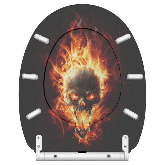 Sanilo WC Sitz mit Absenkautomatik & Schnellverschluss, Toilettendeckel per Knopfdruck abnehmbar, einfache Montage von oben (Totenkopf in Flammen)