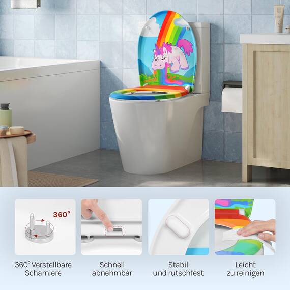 WOLTU Toilettendeckel, WC Sitz mit Absenkautomatik, Klodeckel Klobrille mit Quick-Release-Funktion, O-Form Toilettensitz mit Motiv, Montage von oben unten, 175 kg belastbar der Klobrille