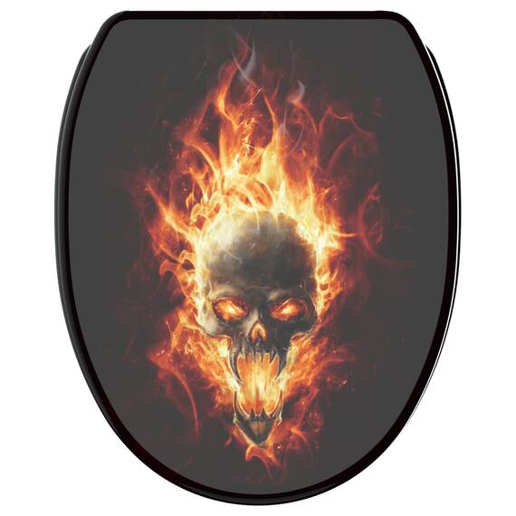 Sanilo WC Sitz mit Absenkautomatik & Schnellverschluss, Toilettendeckel per Knopfdruck abnehmbar, einfache Montage von oben (Totenkopf in Flammen)