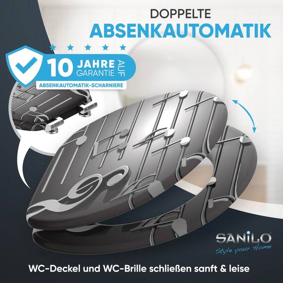 Sanilo WC Sitz mit Absenkautomatik, viele schöne schwarze Toilettendeckel zur Auswahl, hochwertige und stabile Qualität aus Holz (Musical Notes)