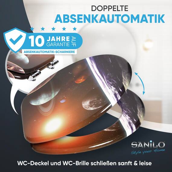 Sanilo WC Sitz mit Absenkautomatik, viele schöne schwarze Toilettendeckel zur Auswahl, hochwertige und stabile Qualität aus Holz (Planeten)